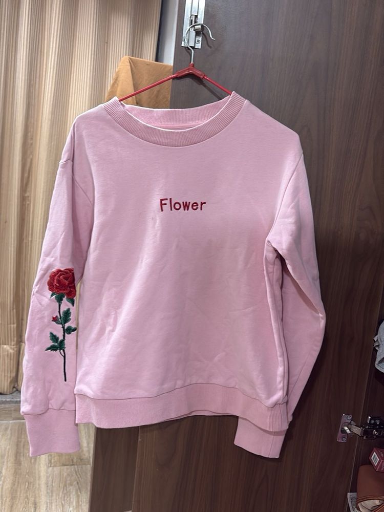 Pink Flower Embroidery Sweatshirt