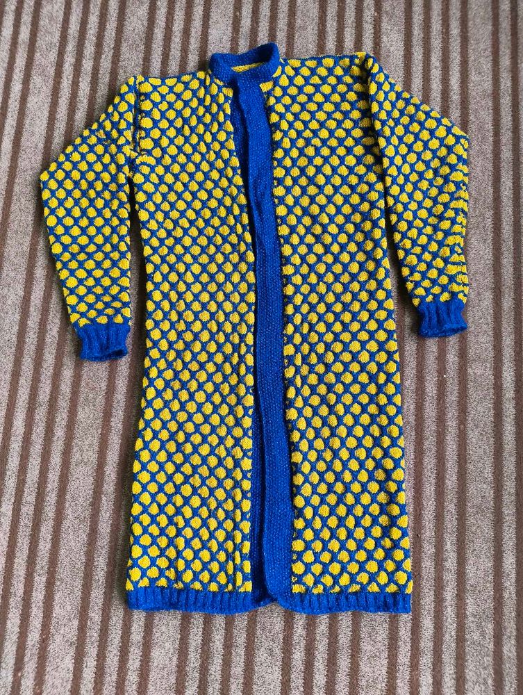 Handmade Knitted Blue &amp; Yellow Coat