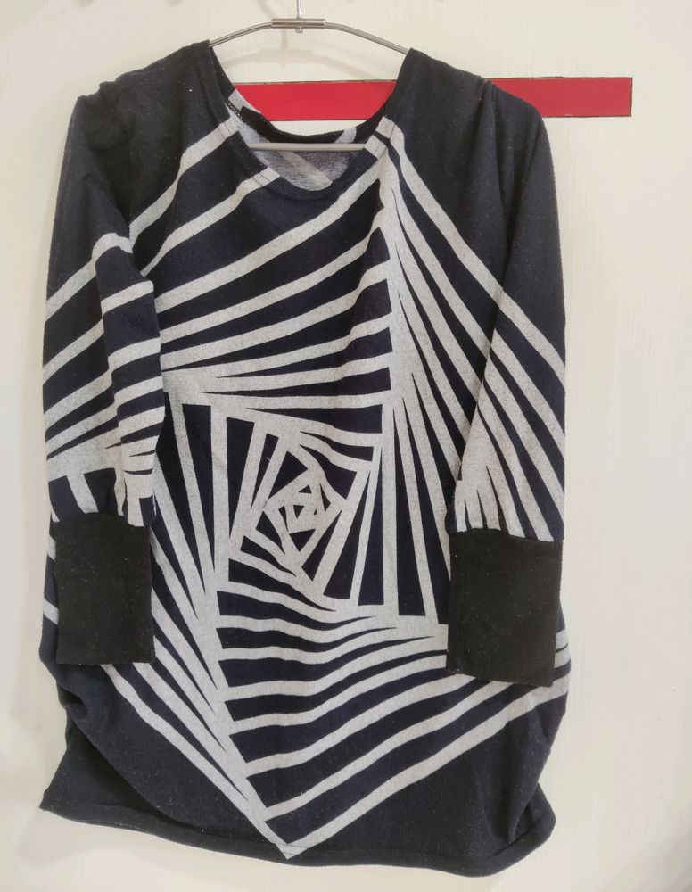 Dark Blue Colour Top , Hip Lenght, Full Sleeves, Material Is Really Nice , Can Be Used In Winter &amp; Summer. It Ioose Fit Top Goes Well With Jeans , Leggings, Or Fit Jeans Shorts.
