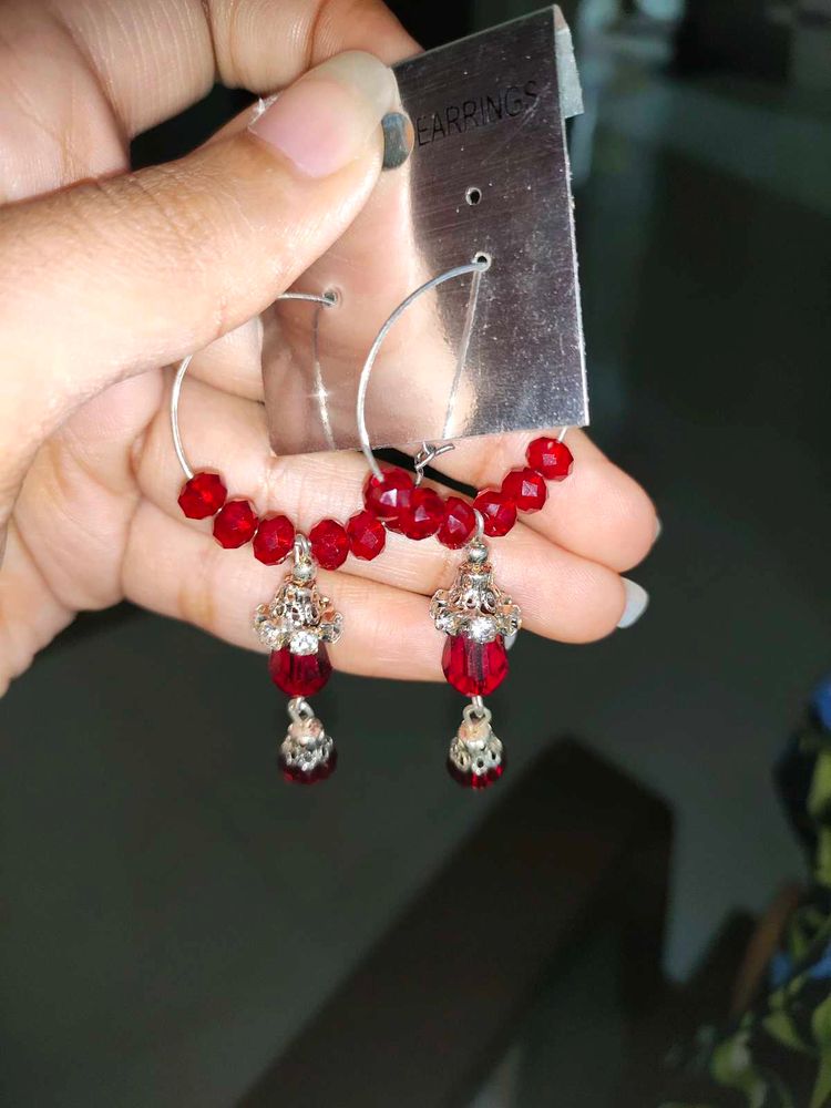 Red Beaded Hoop Earrings