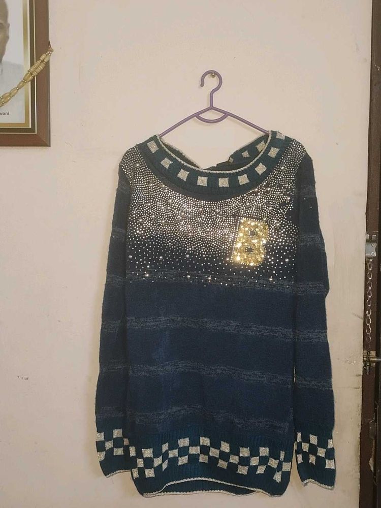 Embellished Blue Knit sweater cardigan and black s