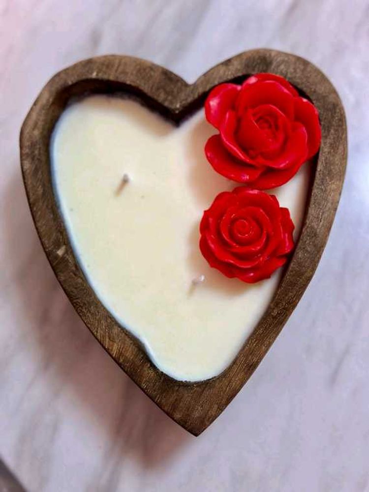 Handmade Wooden Heart Tray Candle With 2 Roses