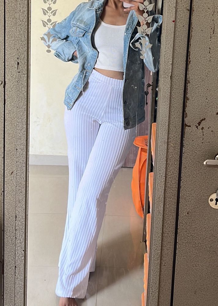 White Ribbed Flare Leg Pants