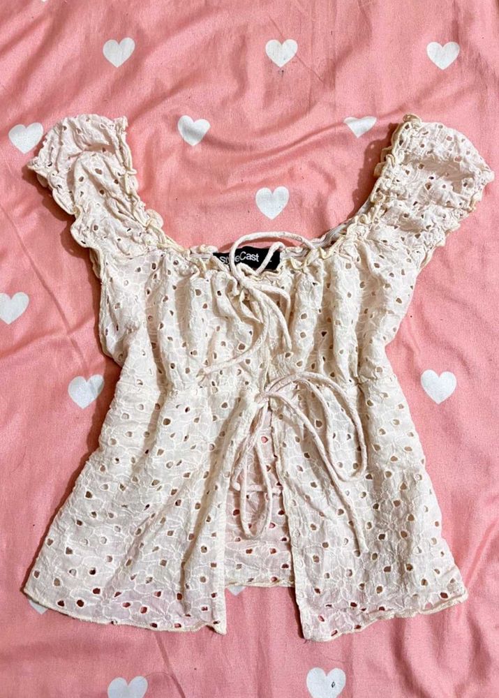 Stylecast Front Open White Eyelet Lace Top