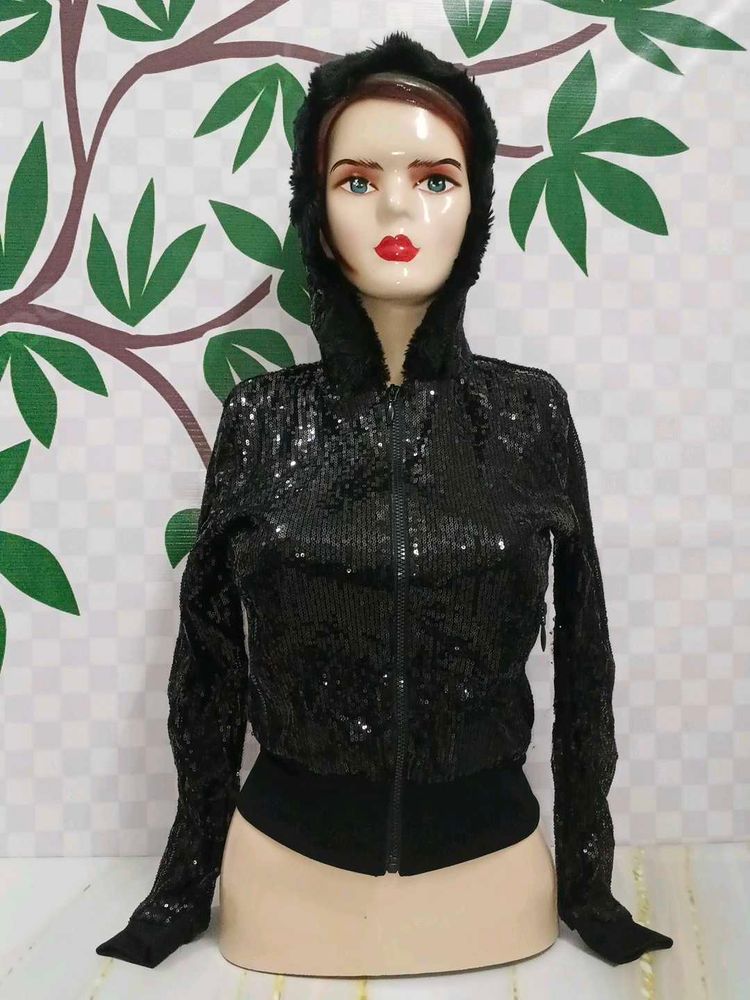 (300)Sequin Fur Trim Hoodie