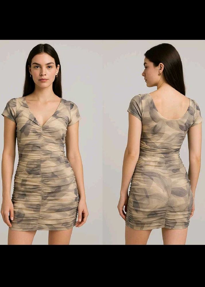 Ruched Mini Dress - Neutral Print