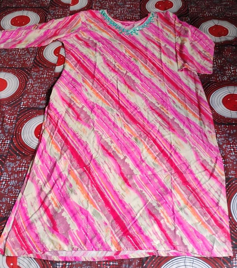 Cotton Kurti With Glass Work Around The Neck