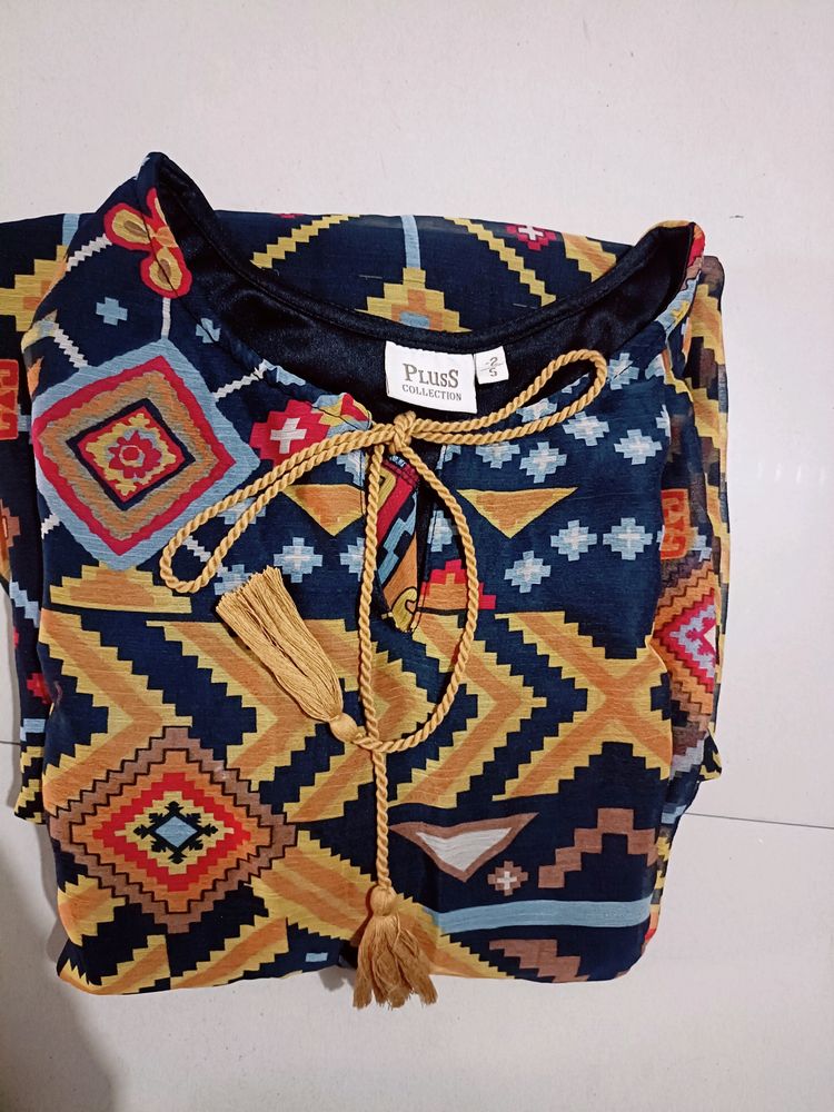 PlusS Navy Blue &amp; Yellow Geometric A-line Dress