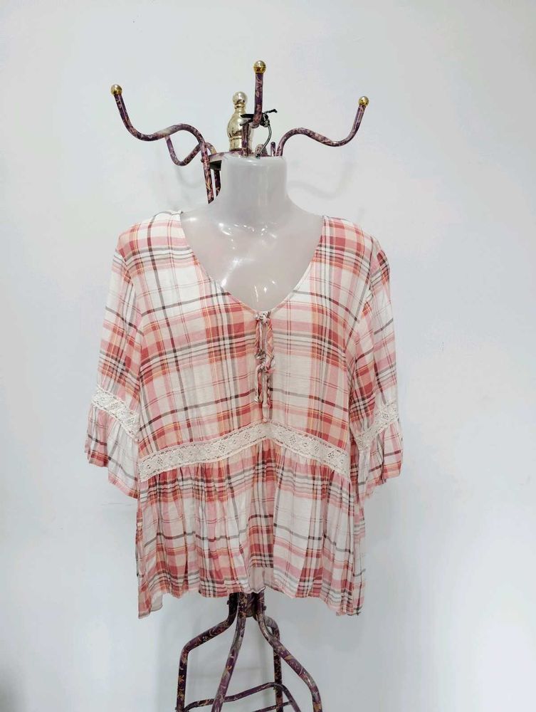 Pink Plaid Lace Trim Peasant Top