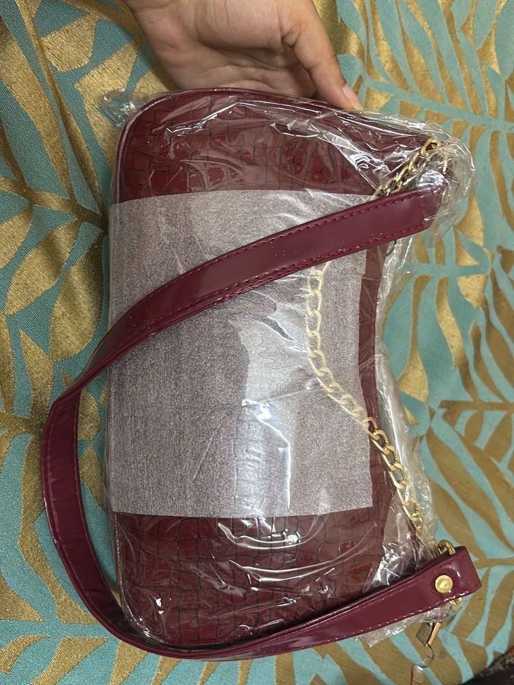 Burgundy Faux Croc Shoulder Bag