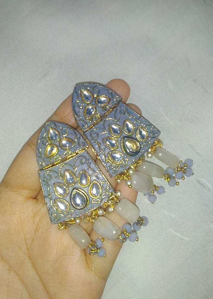 Grey Kundan Earrings | Heavy Earring For Wedding