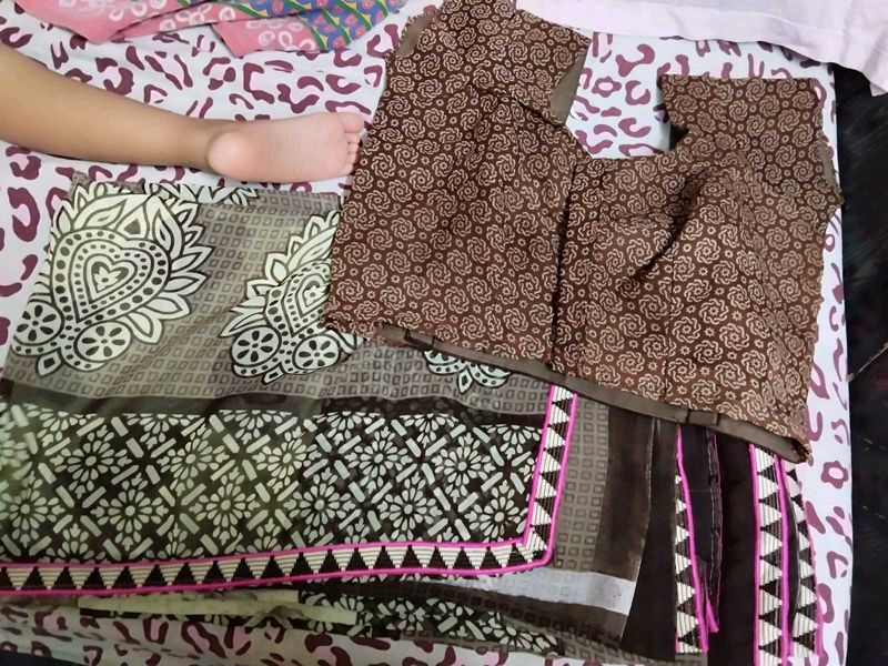Brown &amp; White Floral Saree with Blouse