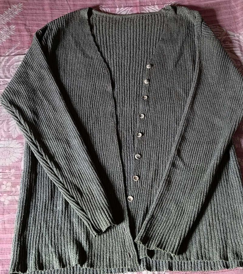 Gray Ribbed Knit Cardigan