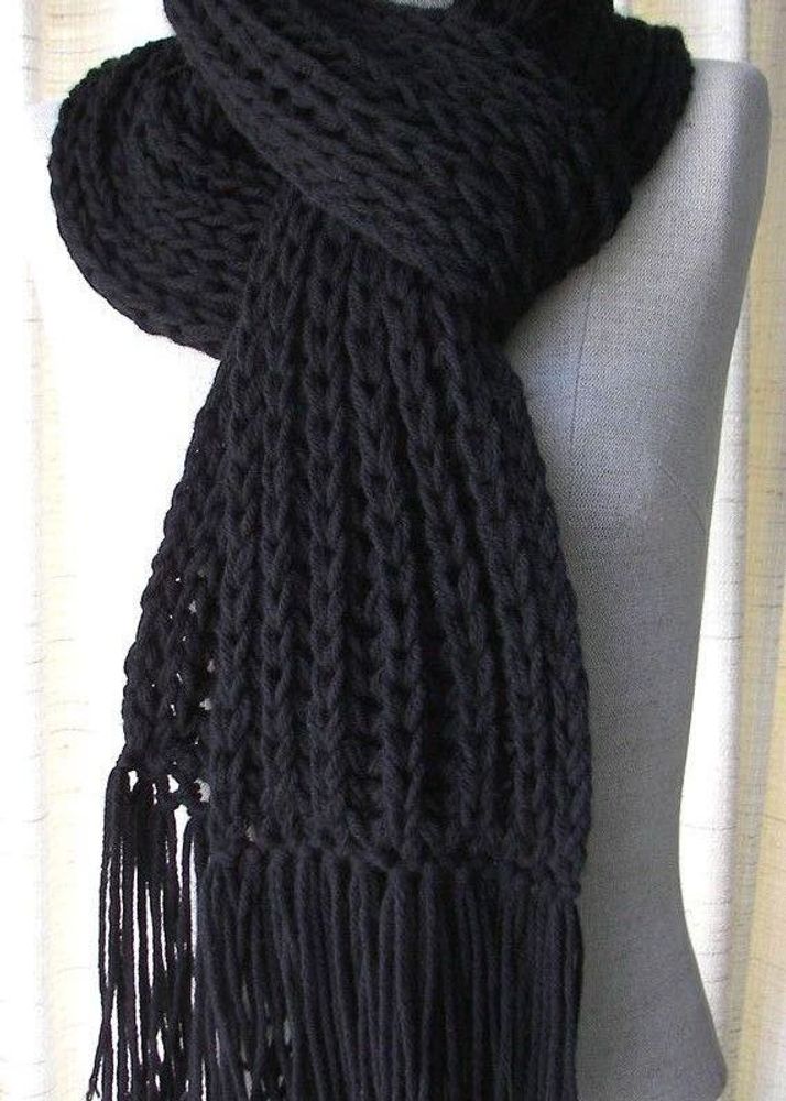 Black Knit Scarf with Fringe