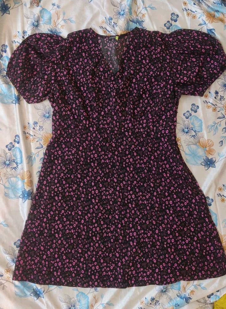 Black And Pink Floral Print Mini A-line Dress