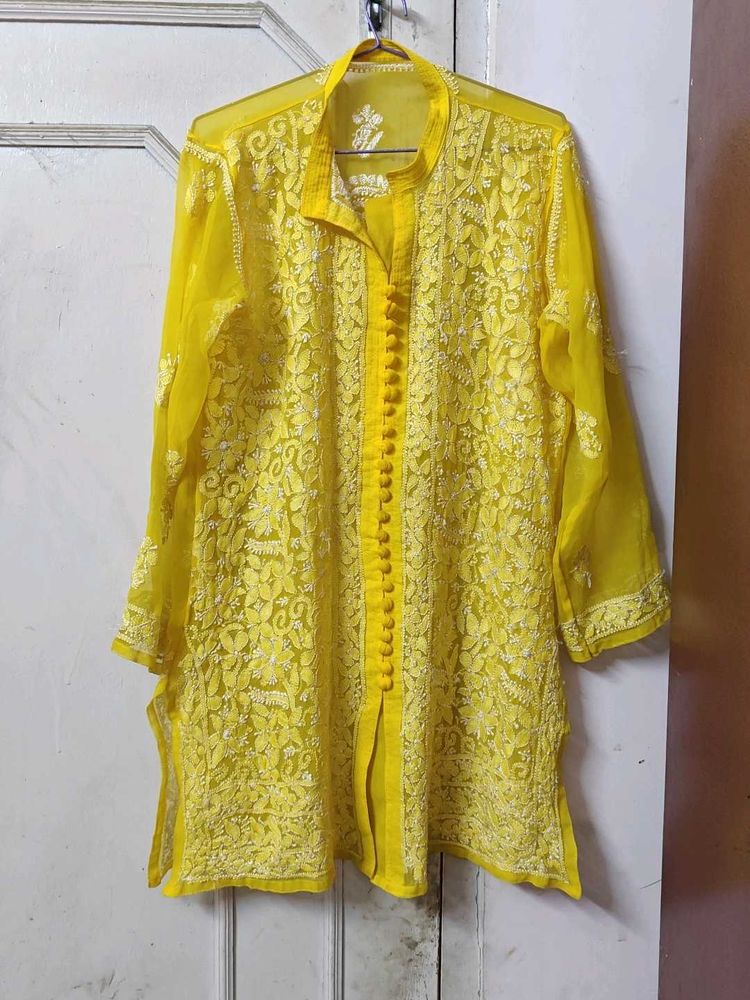Lucknow Chikankari  Embroidery Yellow Short Kurta