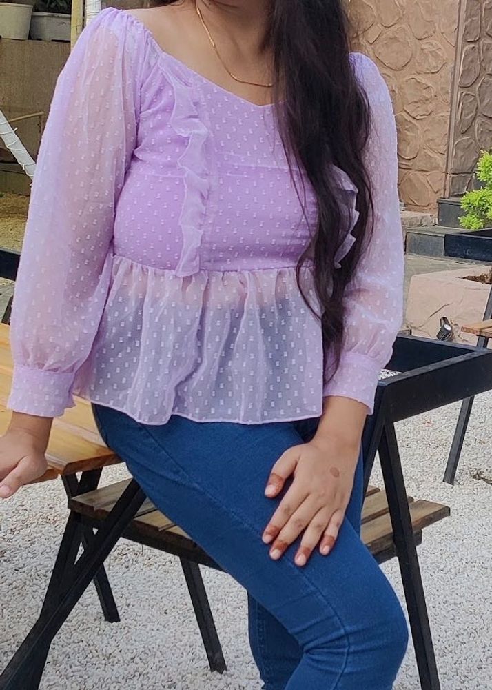 Lilac Ruffle Trim Swiss Dot Peplum Top