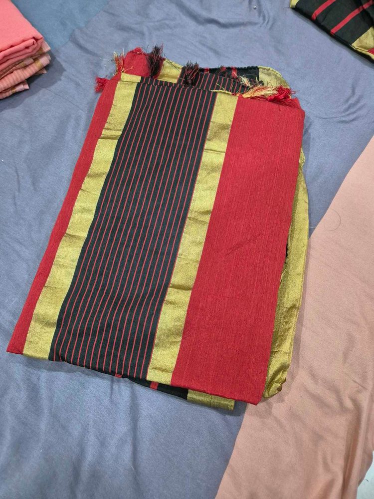 Red &amp; Black Striped Saree