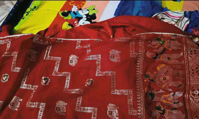 New Zari Red Saree with attached blouse piece