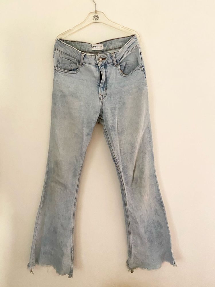 Zara Distress Denim Light Wash Flare Jeans