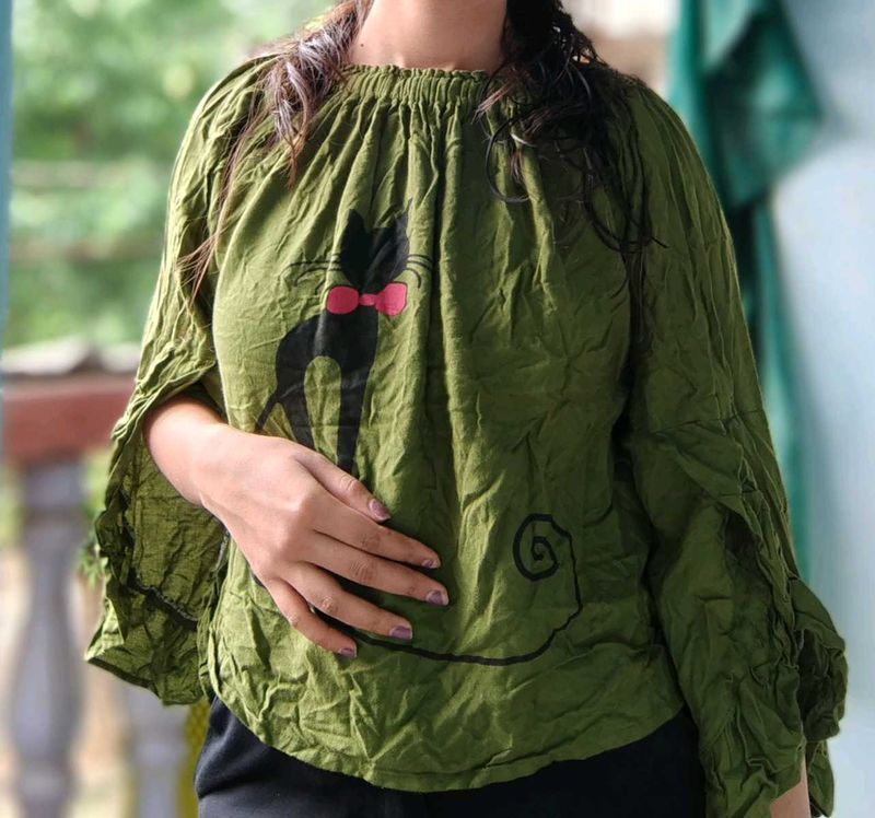 Olive Green 🍏 Cat Print Offshoulder Top