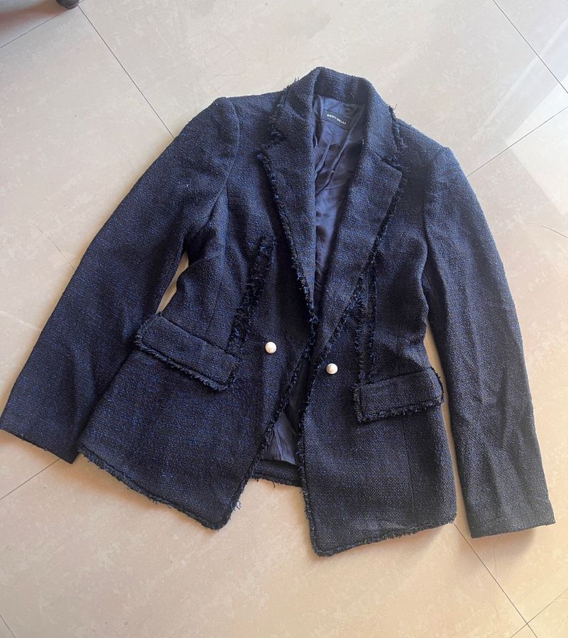 Navy Tweed Blazer with Pearl Buttons