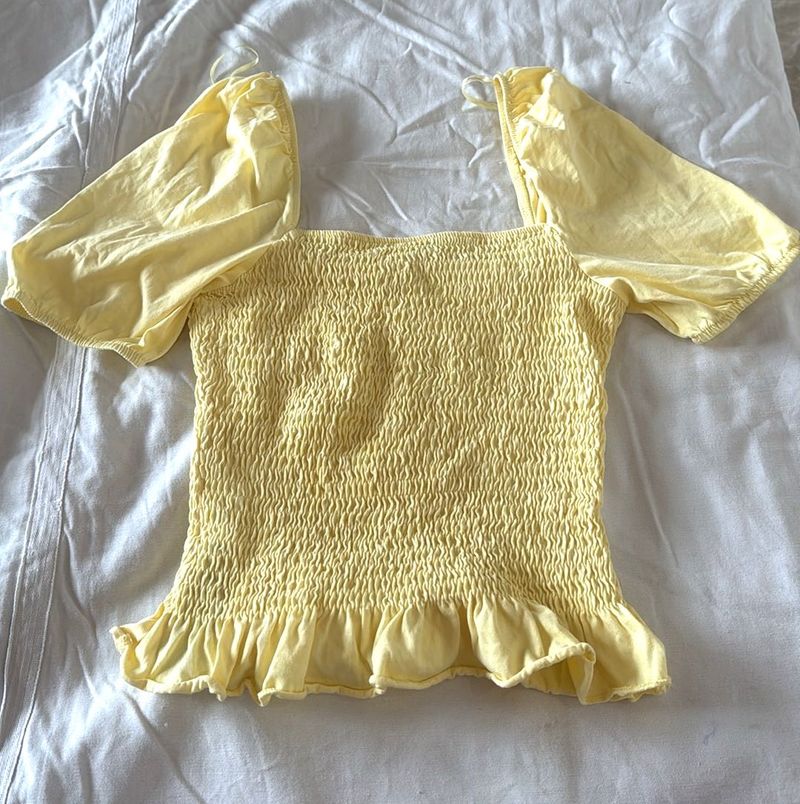 Yellow Smocked Puff Sleeve Top