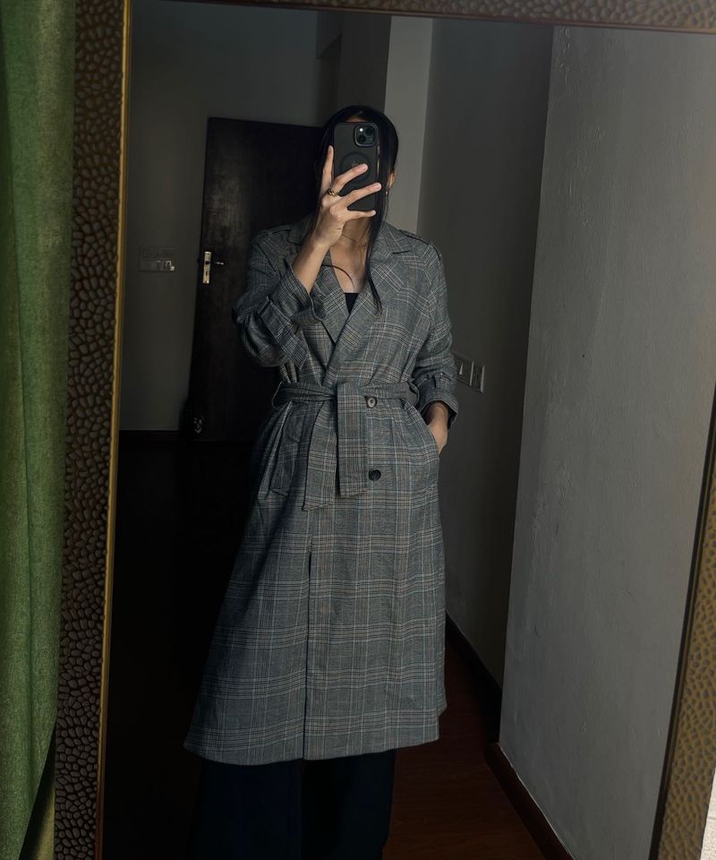 Plaid Grey Check Double Breasted Trench Coat