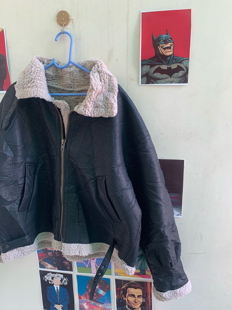 Black Faux Leather Aviator Jacket