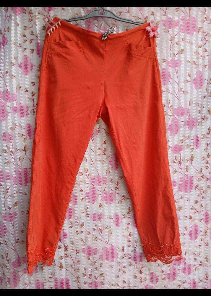 Women Orange Pant with Lace Detail