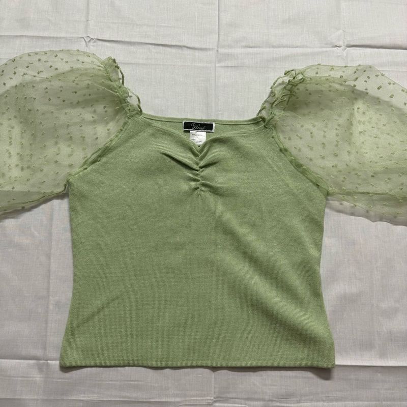 Pastel Green Puff Sleeve Mesh Top