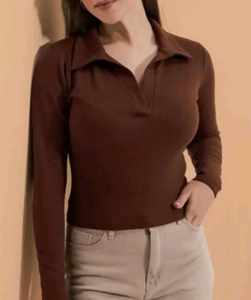 Brown Collar Ribbed Top