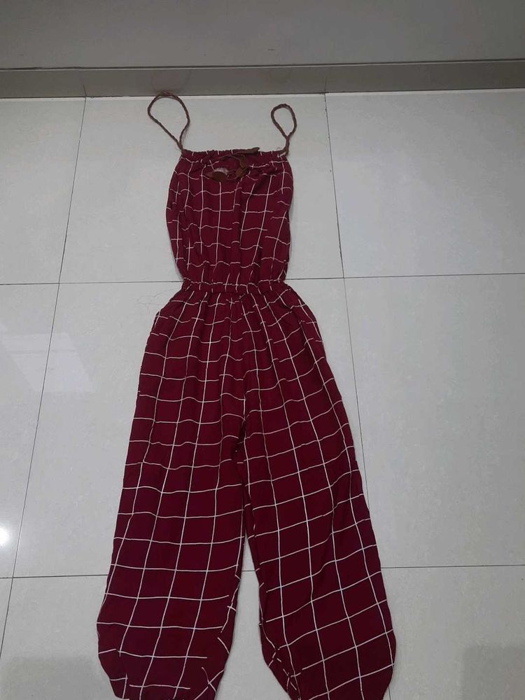 Burgundy Plaid Jumpsuit
