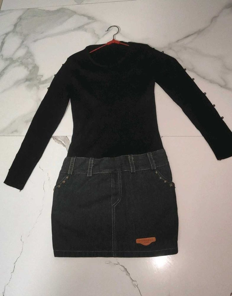 Black Long Sleeve Denim Mini Winter Dress