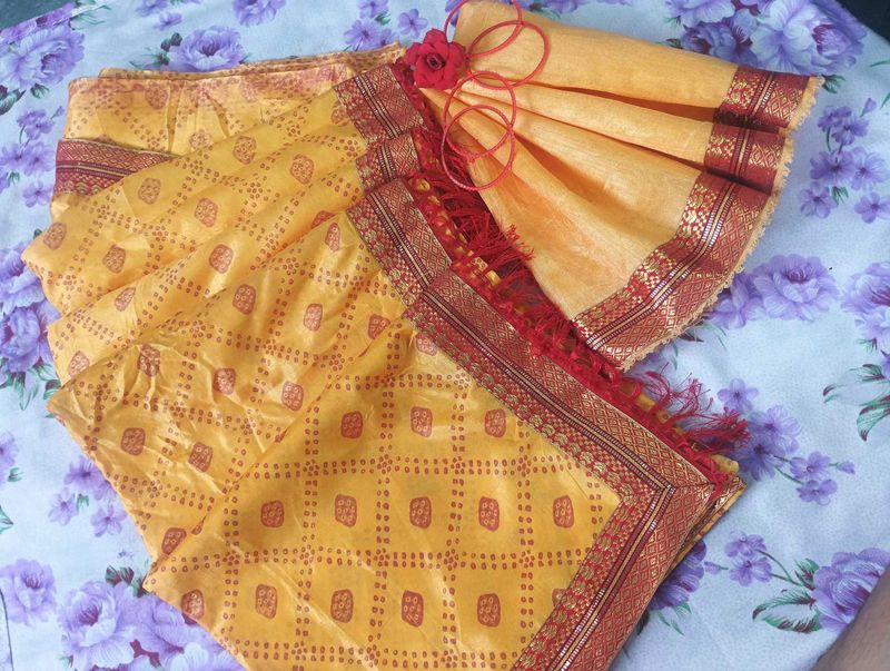 Yellow Bandhani Saree with Red Border❤‍🔥💛❤