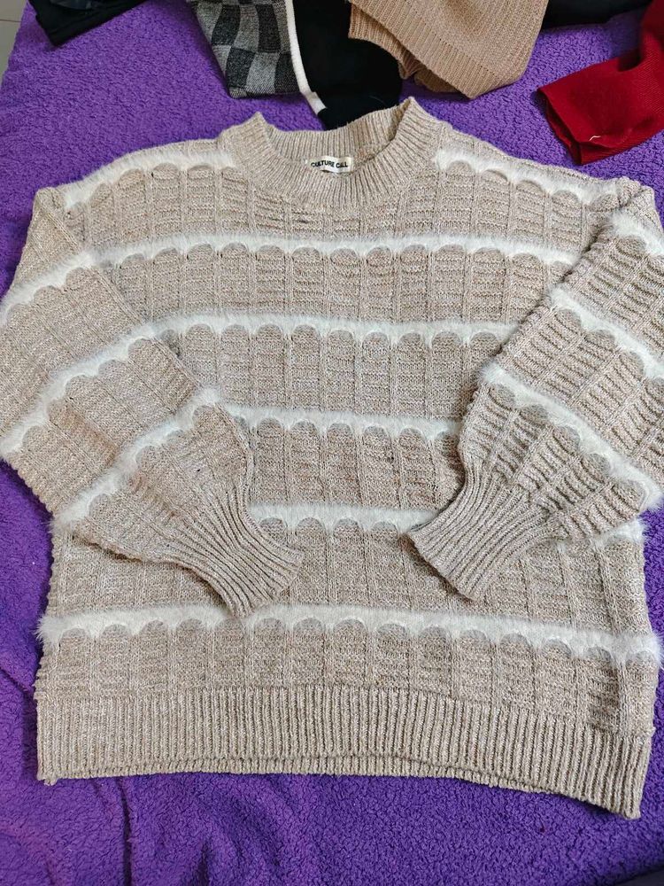 Beige Striped Knit Sweater