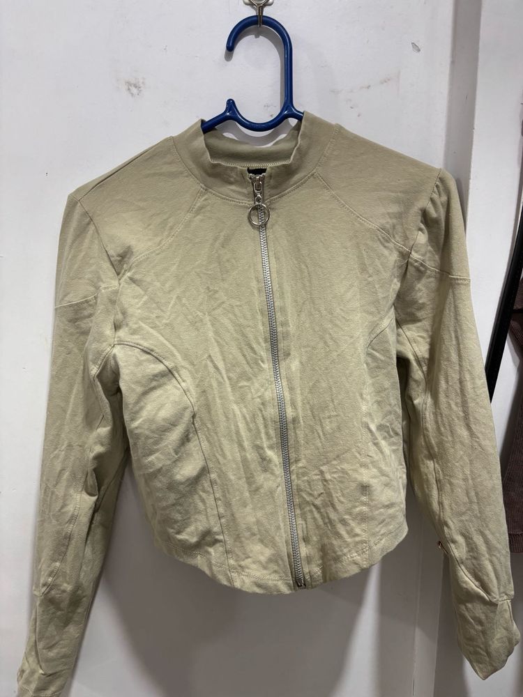 Beige Cropped Zip-Up Jacket