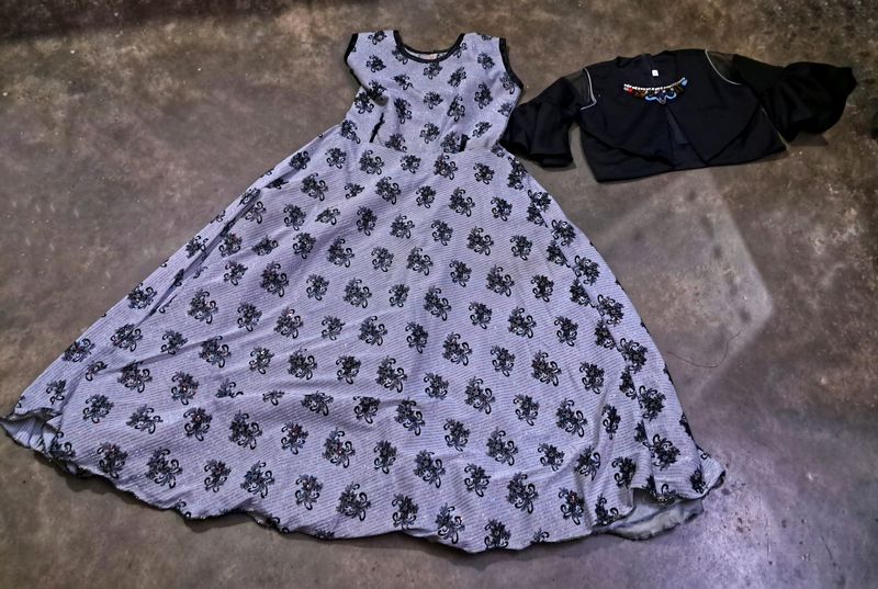 Shimmer Silver Gown And Black Zari Works