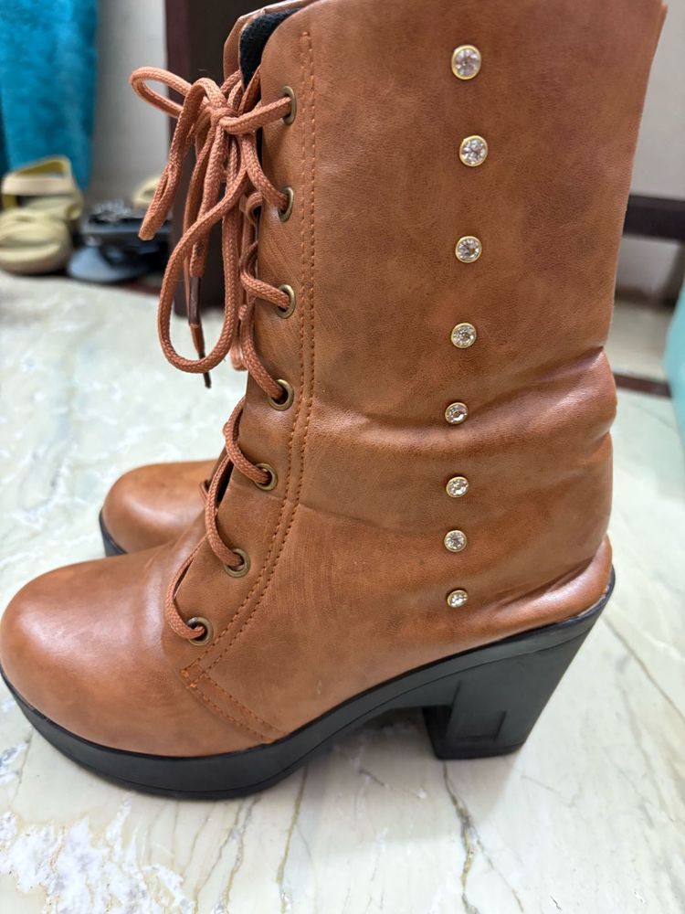 Brown Lace-Up Heel Boots