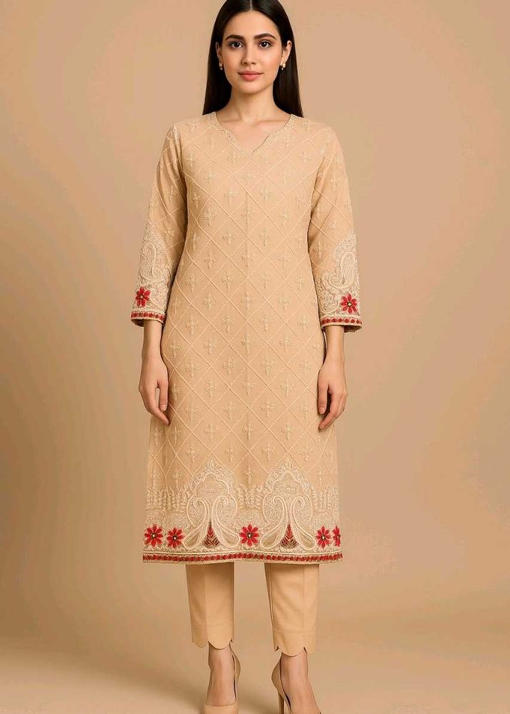Elegant Beige Embroidered Kurta with Trouser Set