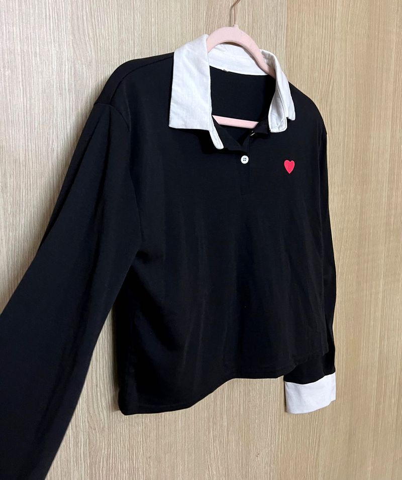 Preppy Black Polo with White Collar &amp; Red Heart