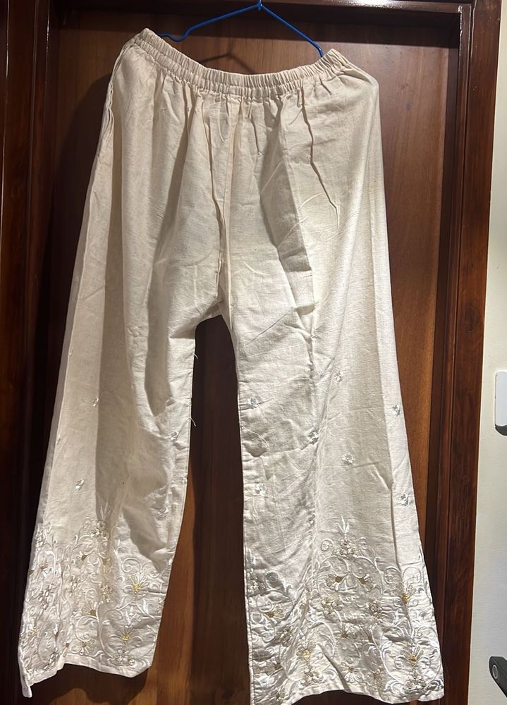Embroidered Cream Palazzo Pants