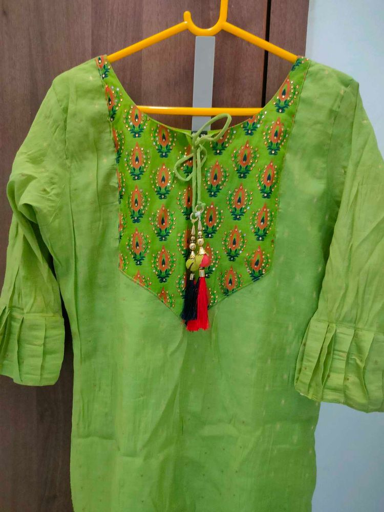 Green Printed Kurti with Tassels