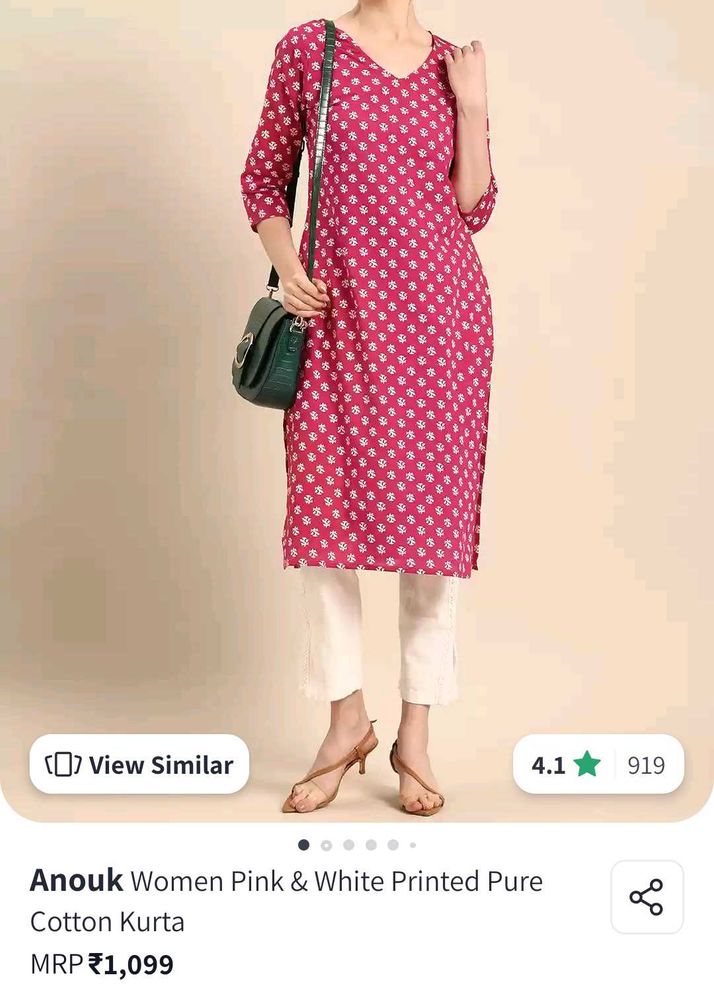 Anouk Pink &amp; White Printed Kurta
