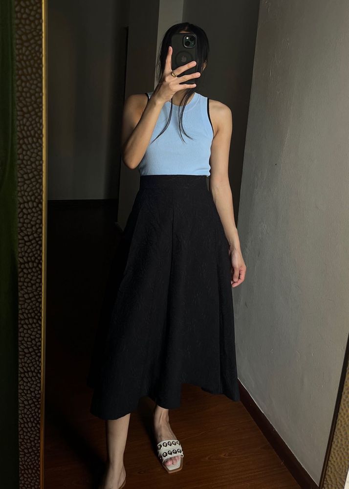 Black Jacquard A-Line MIDI Skirt