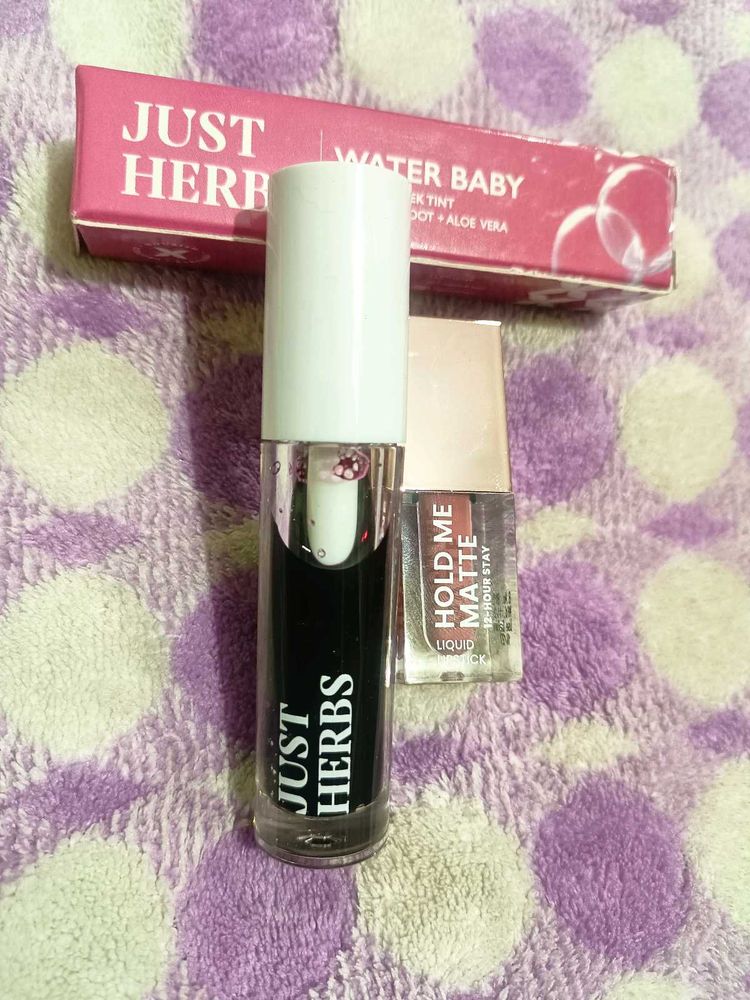combo of just herbs lip tint and swiss beauty lips