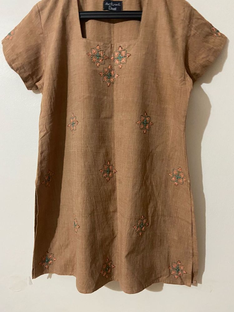 Embroidered Brown Knee Length Kurta