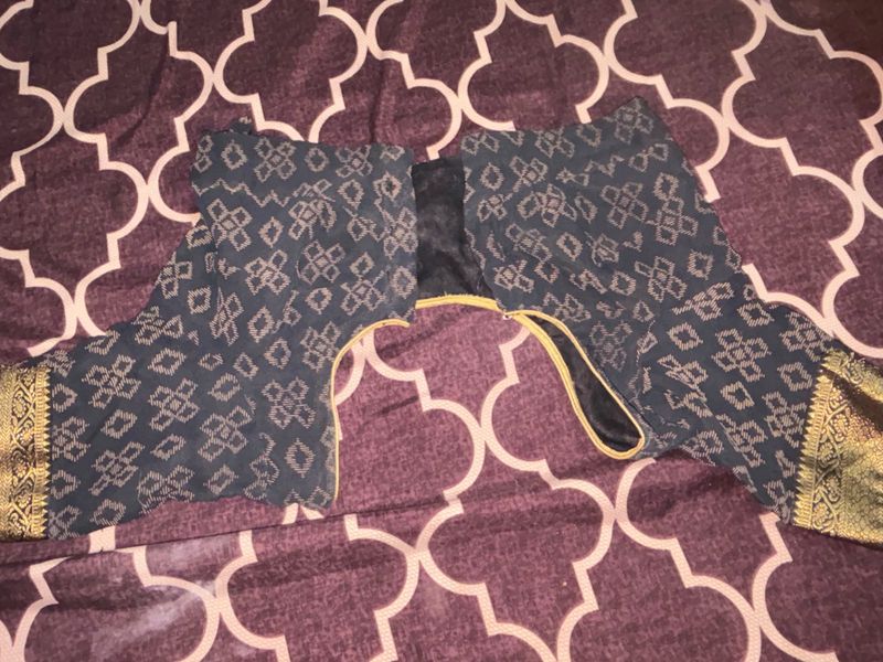 beautiful black saree with Patterned Blouse