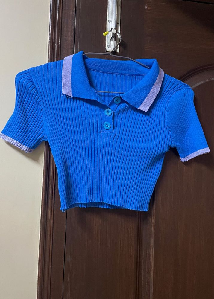 Blue Knit Polo Crop Top