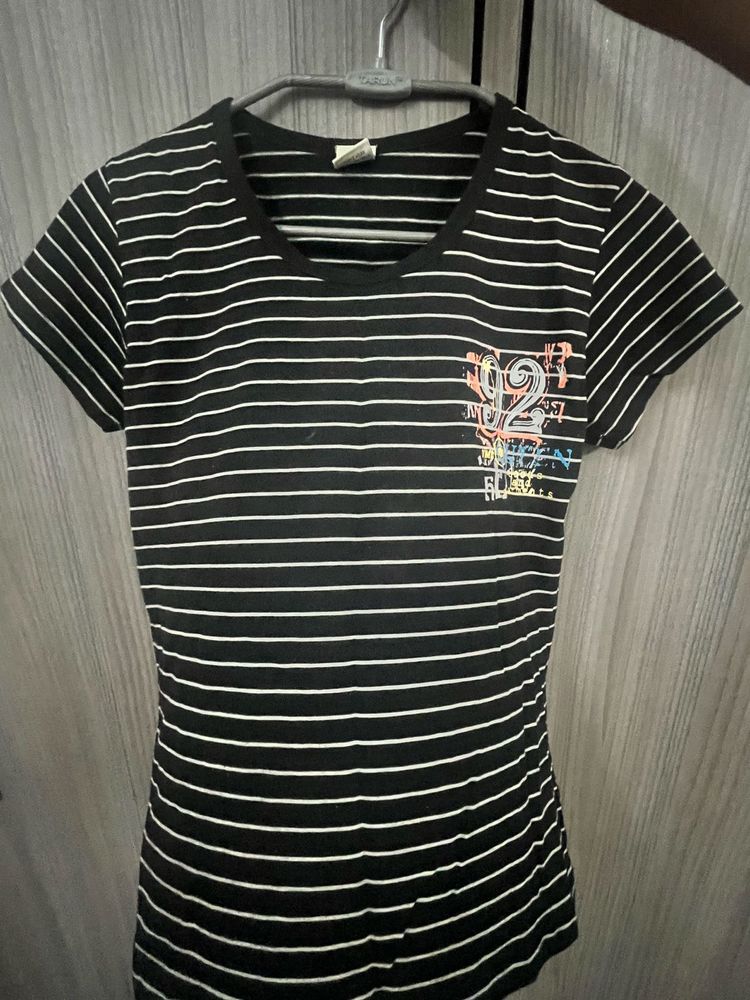Black Striped T-Shirt with Graphic Print
